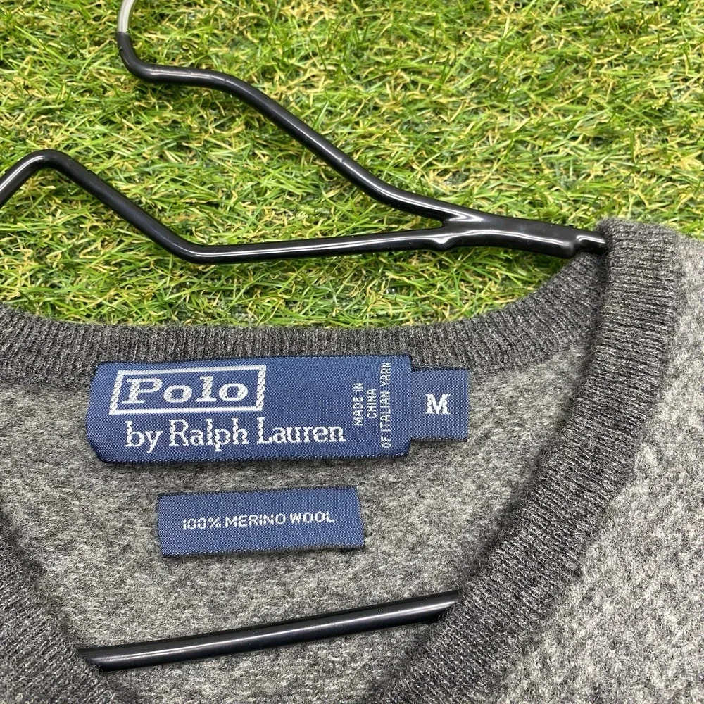 Polo Ralph Lauren Sweater Mens Medium Heather Gray Merino Wool Tight Knit Soft